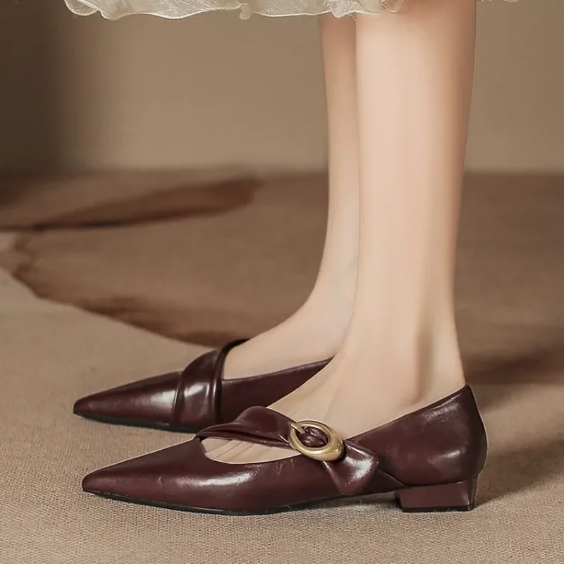 ファッションパーティードレスローヒールパンプスポインテッドトゥメリージェーンズレディースシューズ春秋女性ハイヒールバックルストラップ浅めシューズ