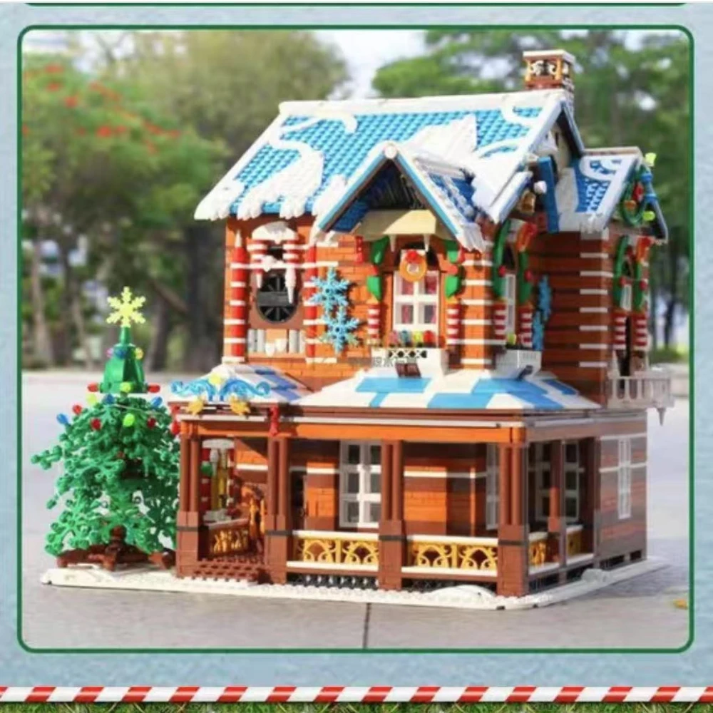 MOC – ensemble de blocs de construction de maison de forêt en bois, père noël, neige, arbre de Villa sur glace d'hiver avec jouets légers, cadeaux pour enfants