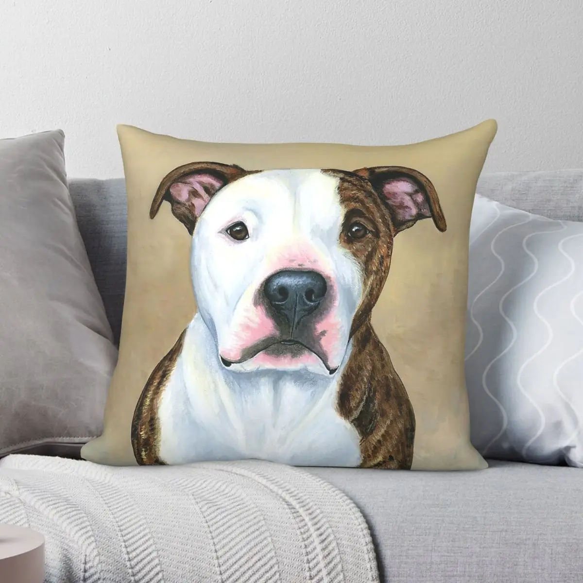Brindle White Pit Bull Terrier Square Pillowcase Polyester Linen Velvet Pattern Zip Decorative Room Cushion Cover 45x45