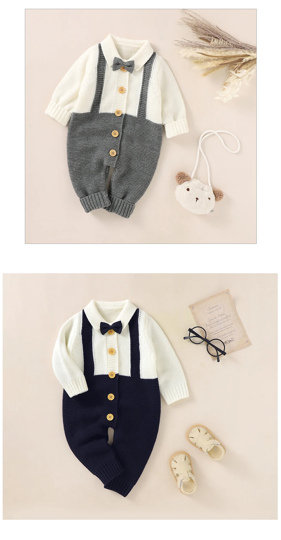 Baby Jungen Strampler Mode Herbst Winter Neugeborene Säuglinge Gentleman-Stil Overalls 0-18m Einteiliger Langarm-Strickanzug für Kleinkinder – Detail 10