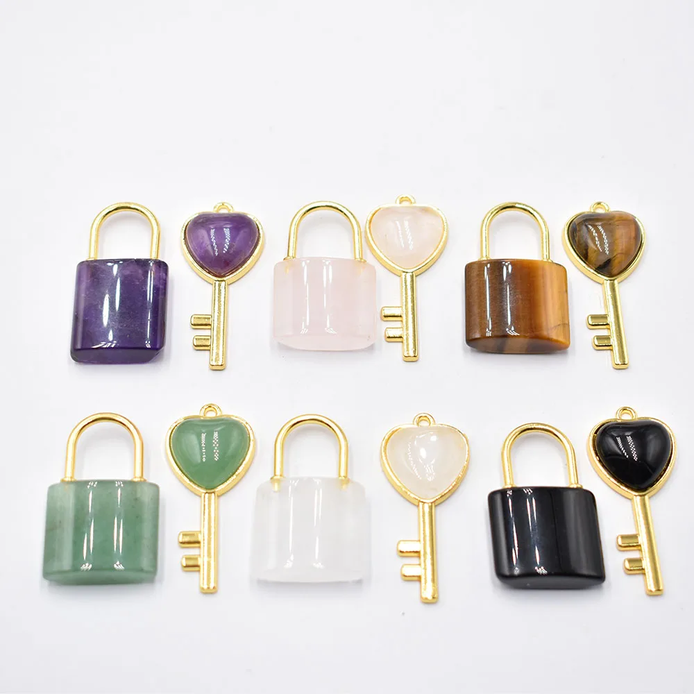 Wholesale 6Set Natural Crystal Couple Lock Necklace Pendant Set Heart Shaped Key Piece rose quartz Amethyst Tiger Eye Stone Lock