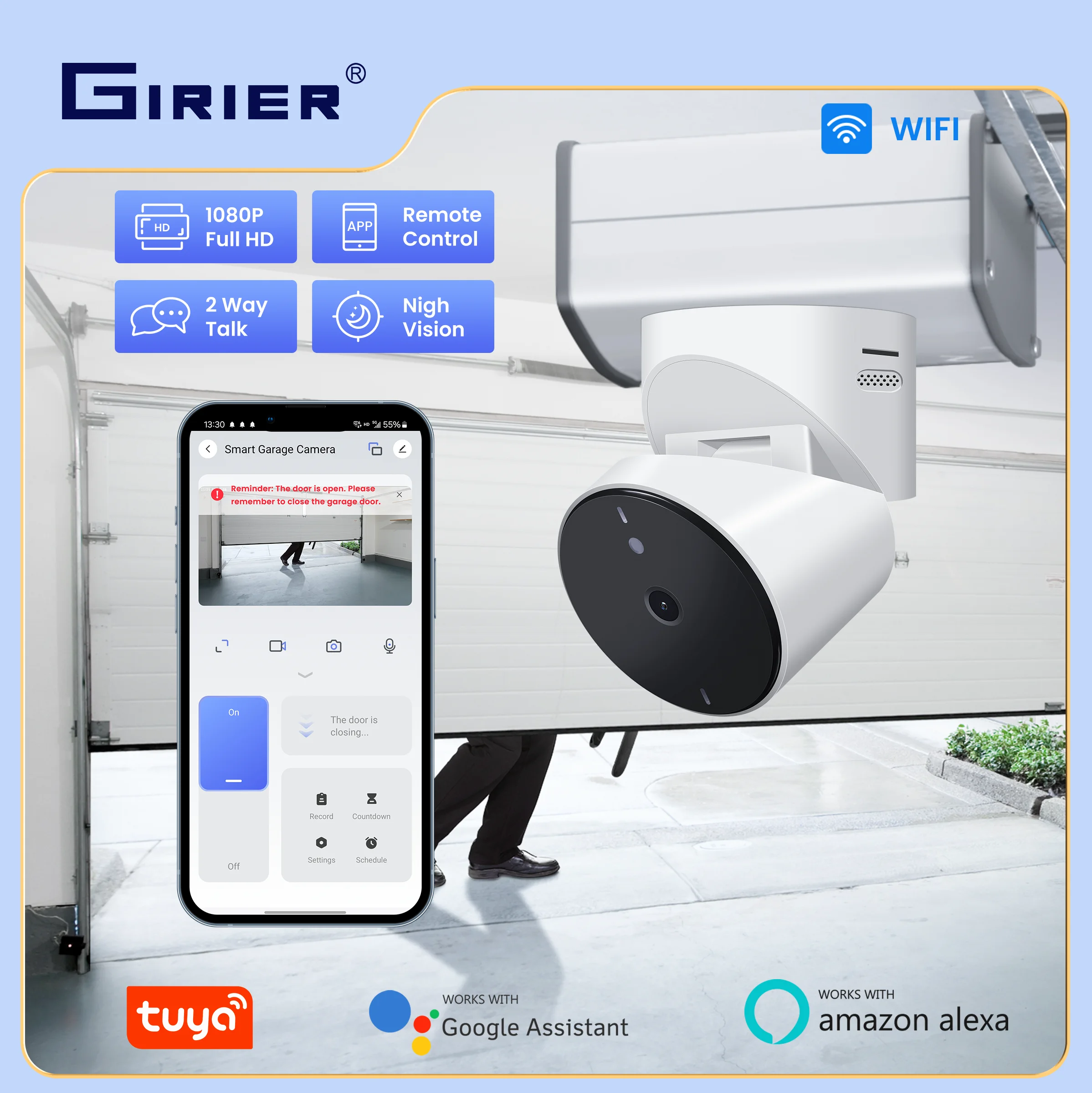 

Умный Wi-Fi привод для гаражных ворот GIRIER с камерой-монитором 1080P, поддержка двусторонней связи, совместимость с Alexa и Google Assistant