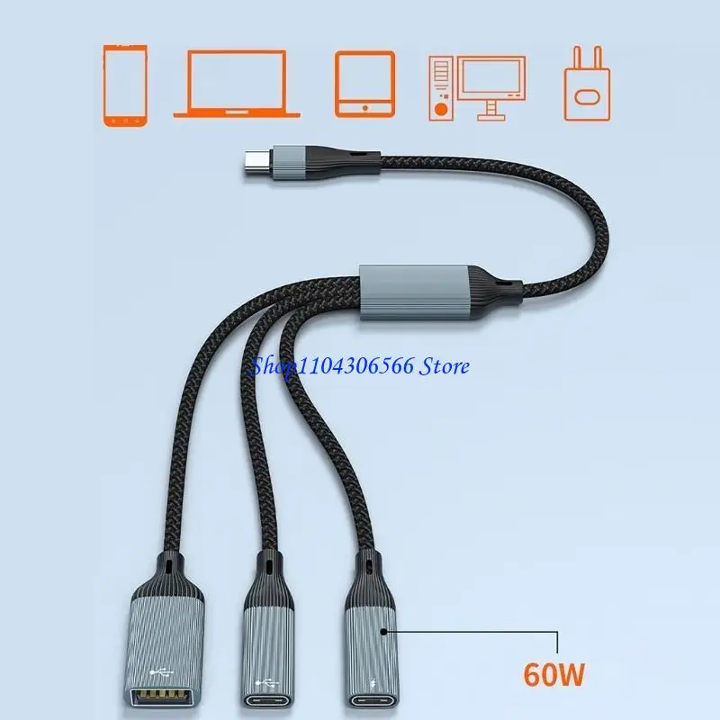 02DD 2/3 in 1 USB C Splitter Cable Supports 60W Charging and Data for Various Devices