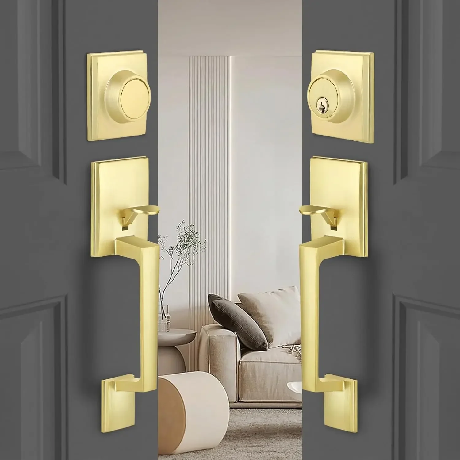 Brass Double Front Door Handle Set, Gold Heavy Duty Square Door Lever and Single Cylinder Deadbolt Combo for Side