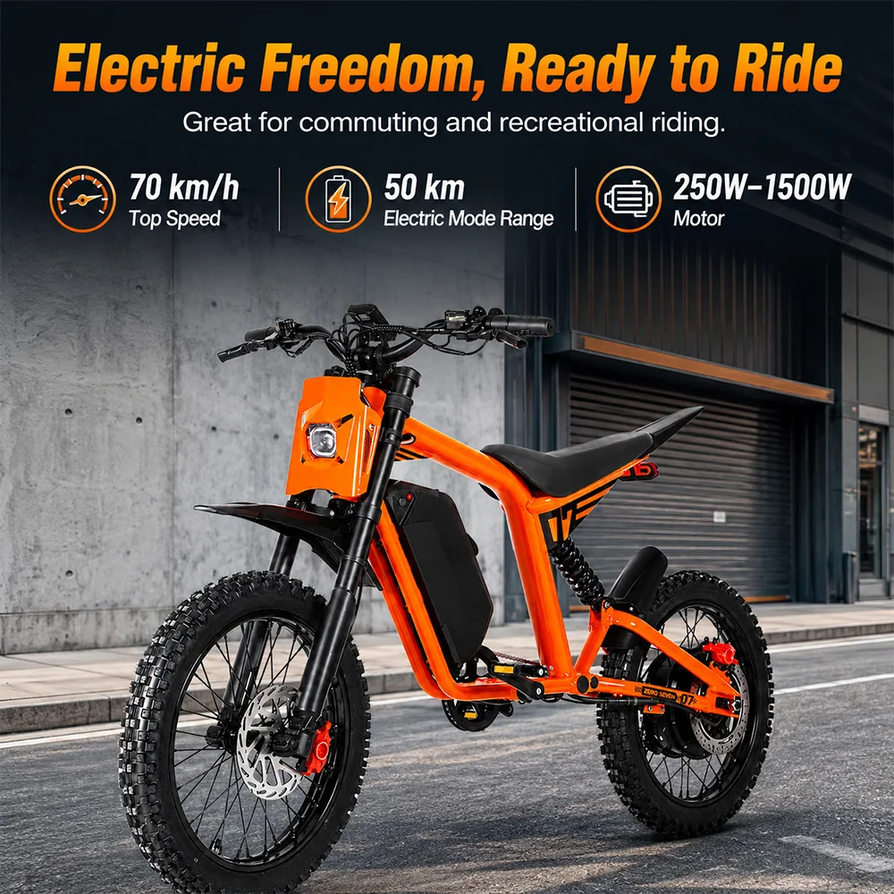 Mangosteen FT-07 2000W Electric Dirt Bike for Adults, Jiuzhou Motor, 60V 25Ah Removable Lithium Battery, Up to 43.5 MPH, 17-Inch Off-Road Tires, Hydraulic Disc Brakes, Full Suspension, 5A 110V US Charger, MPH Display