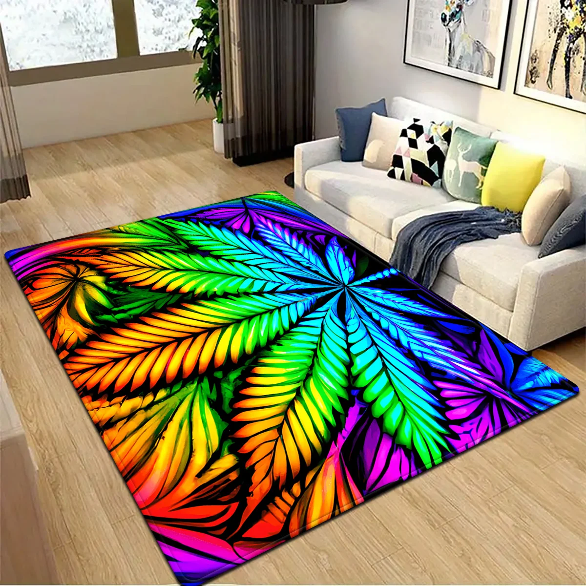 Colorful Gradient Leaf Pattern Area Rug, Soft Touch & Non-Slip, Fade-Resistant Carpet for Bedroom & Living Room Decor