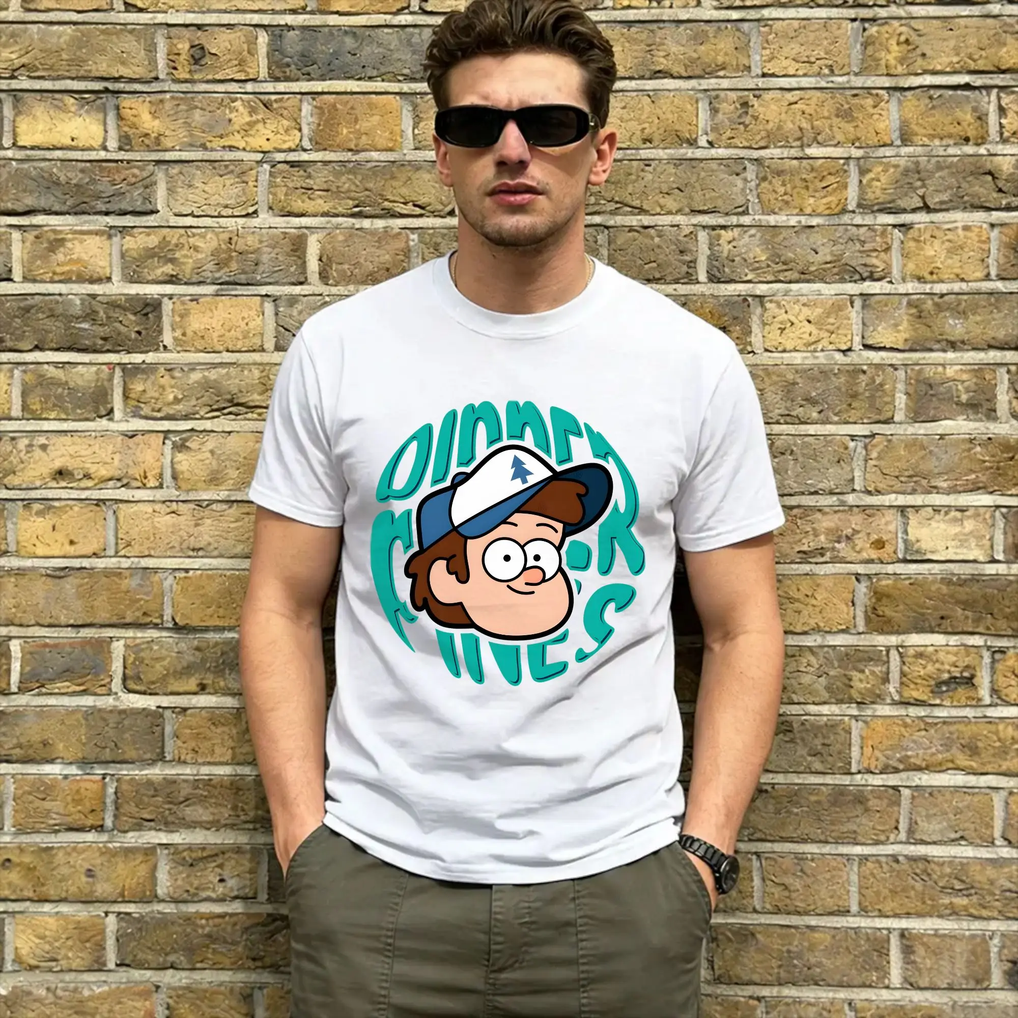 Dipper Pines Head T-Shirts Men G-Gravity Falls Novelty Pure Cotton Tee Shirt Crew Neck Short Sleeve T Shirts Original Clothing