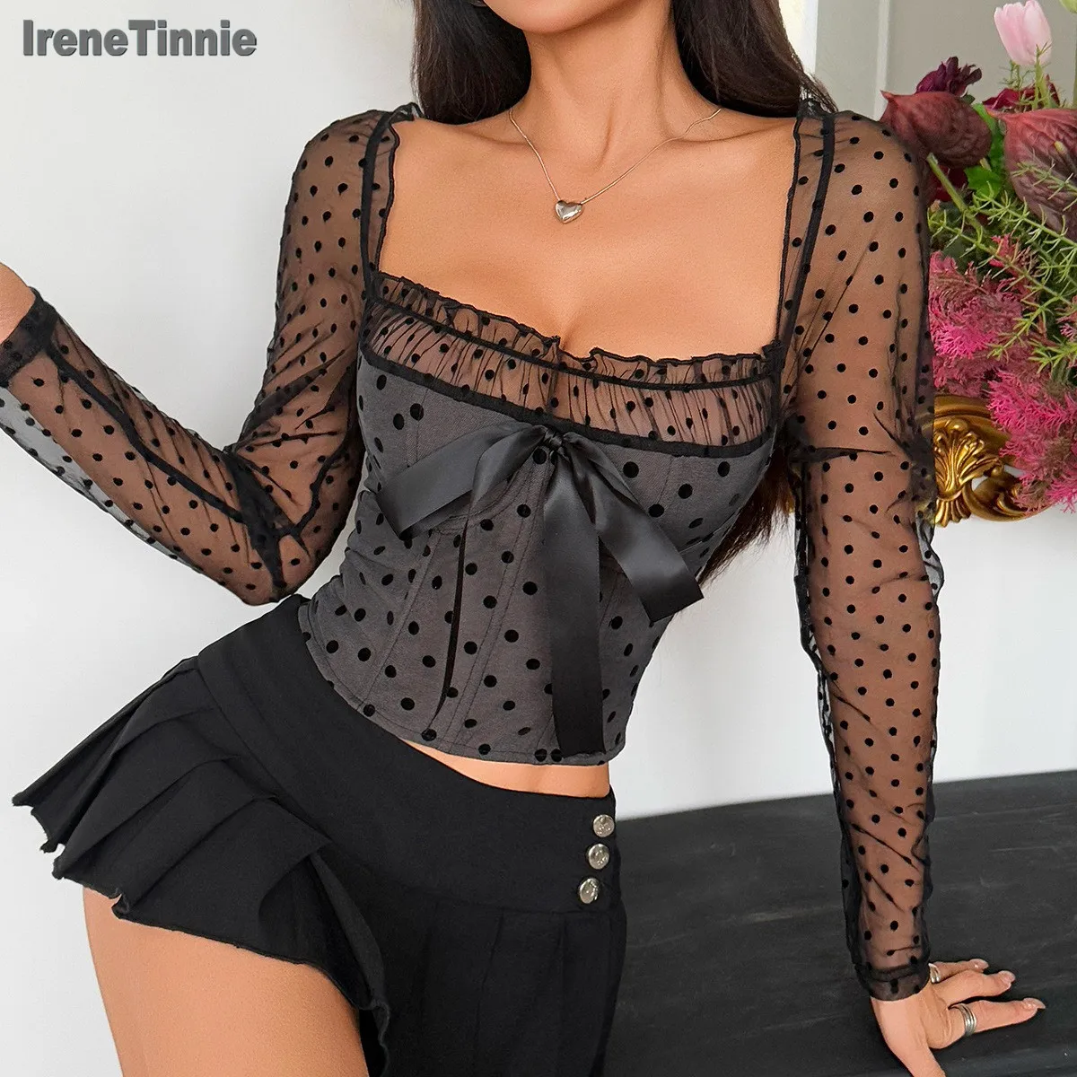 

IRENE TINNIE Sexy Gauze Polka Dot Mesh Long Sleeve Top Bowknot Women Lace Up Bones Corset Fashion Clothing Rave Bustier Vests