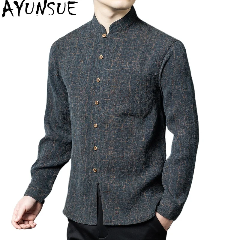 

AYUNSUE High-end 100%Real Mulberry Silk Shirts for Men 2026 Spring Long Sleeve Shirt Stand Collar Casual Man Tops Ropa De Hombre