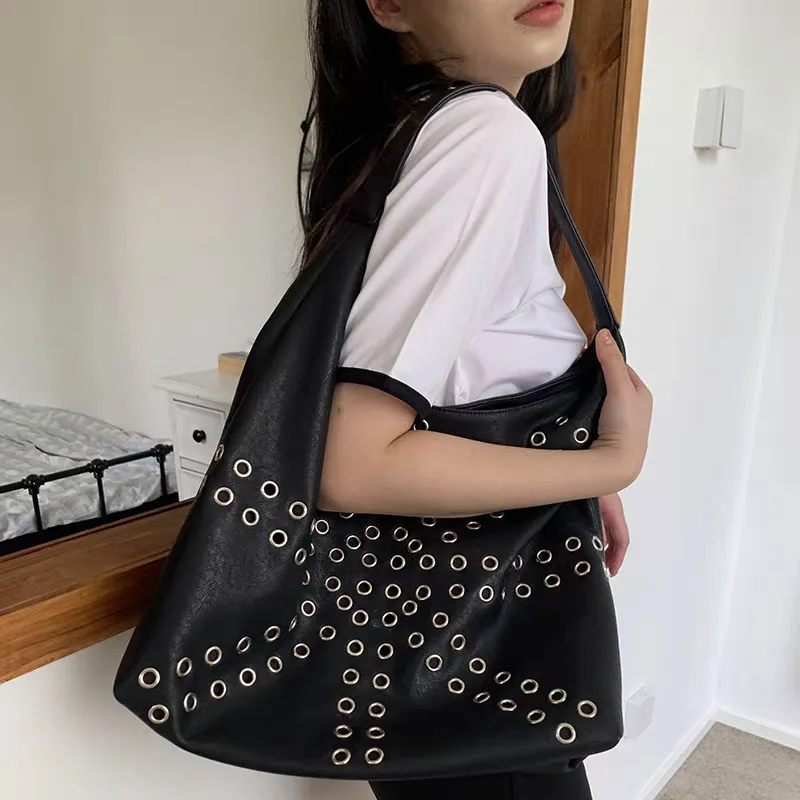 

Модная роскошная брендовая женская сумка-хобо с заклепками, качественная кожаная сумка-тоут, водонепроницаемая сумка подмышками, однотонная женская сумка