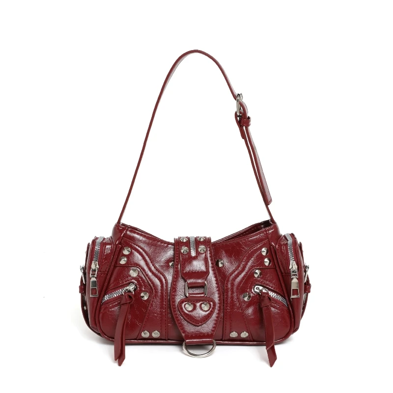 

Retro Design Y2K Girl's Motorcycle Bag Spicy Girl Oil Wax Soft Pu Leather Rivet Shoulder Crossbody Bag Trendy Cool Underarm Bag