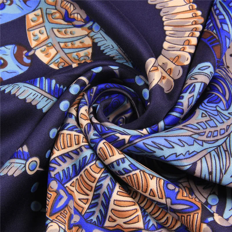 POBING Silk Scarf Women Large Shawls Retro Necklace Print Stoles Square Bandana Luxury Kerchief Scarf Female Foulards 130CM