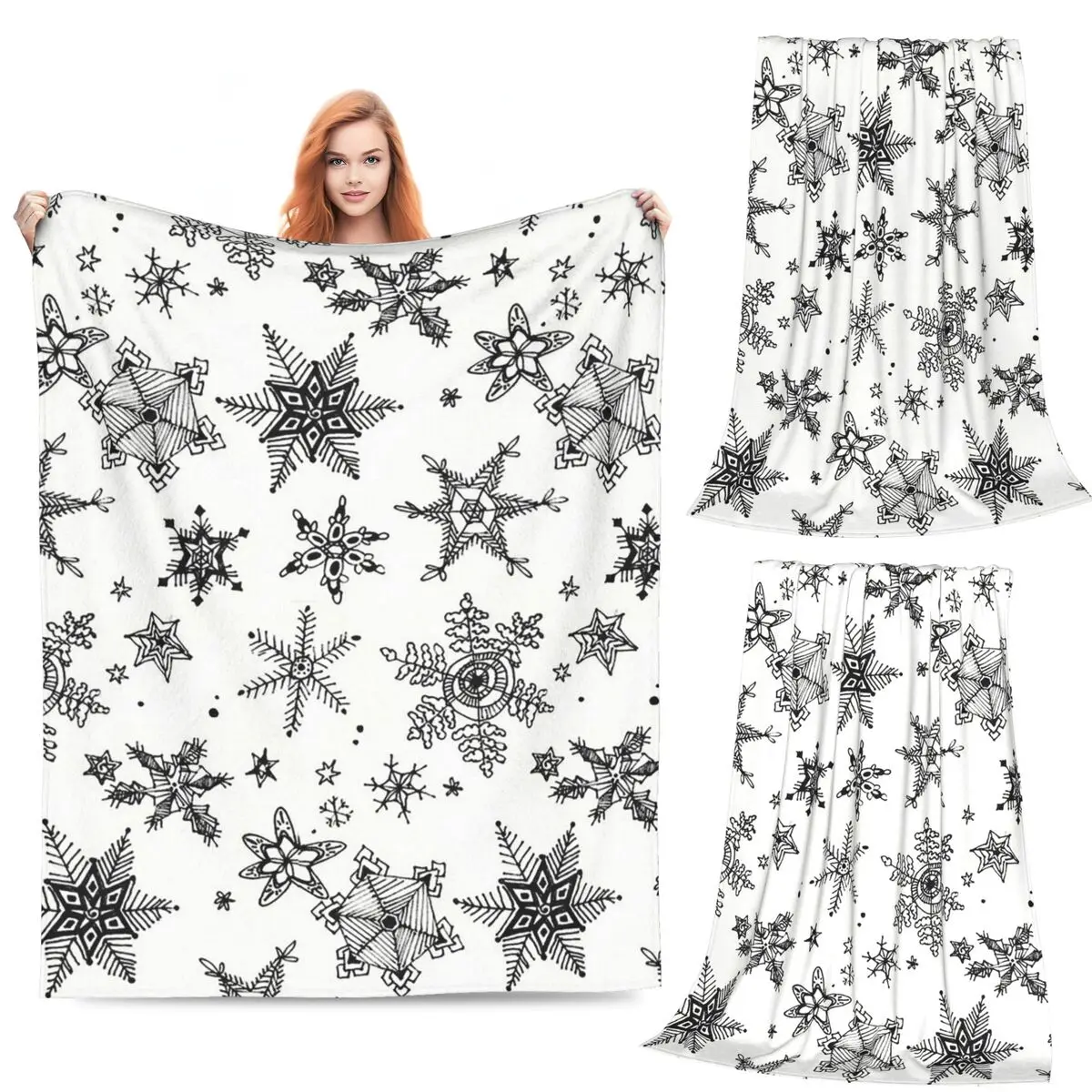 

Black And White Snowflake Christmas Blankets Fleece Sofa Throw Blanket Warm for Home Bedroom Travel Throws Bedspread Quilt