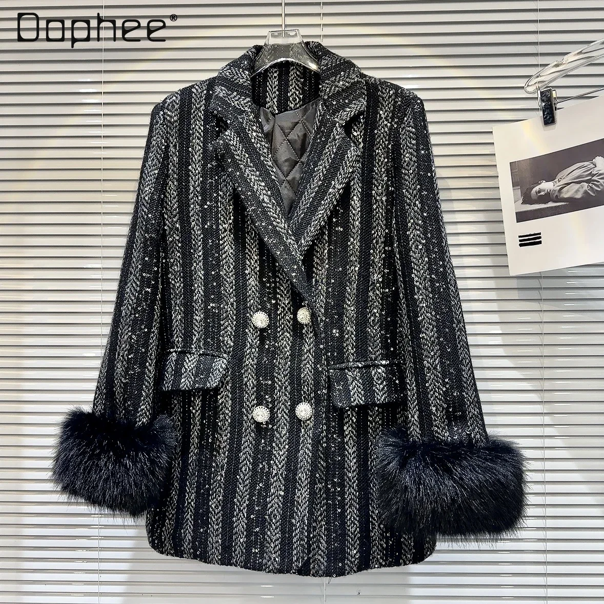 

Fur Cuff Hot Drilling Tweed Quilted Suit Jacket Winter New Elegant Warm Woman Long Seeve Striped Cotton Padded Blazer Femenino