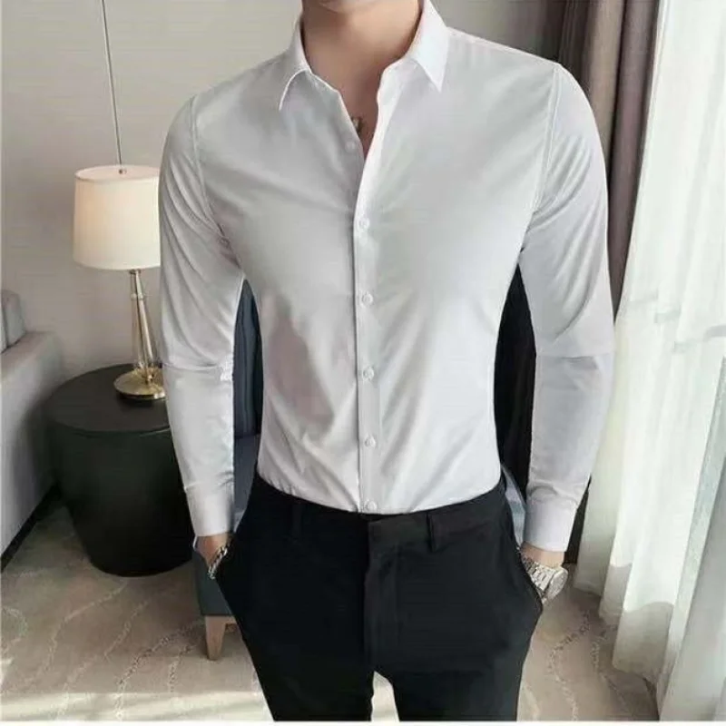 2023 New Spring and Autumn Fashion Simple Business Casual Polo Solid Long Sleeve Slim Fit Elastic Men\'s Professional Shirt