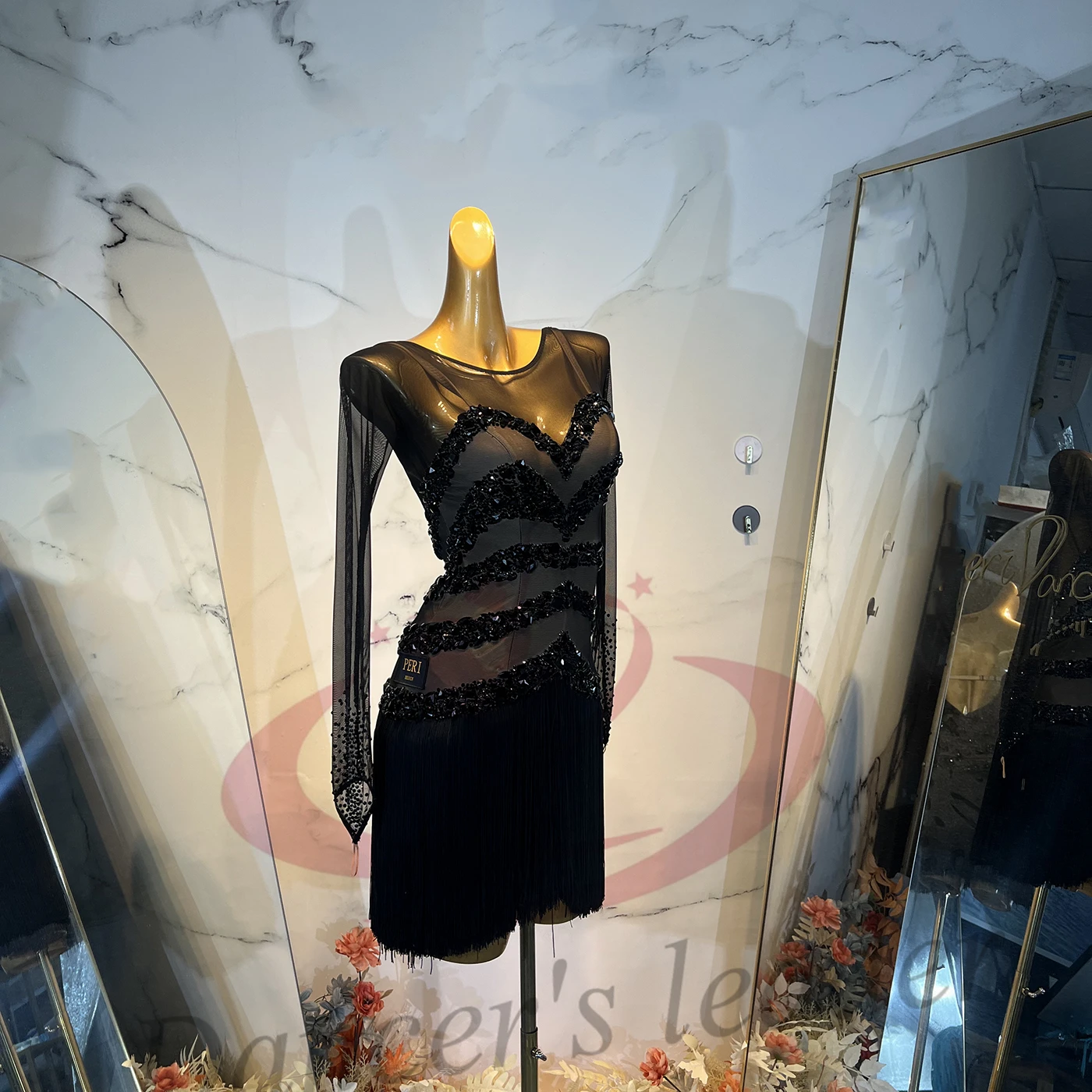 

Latin Dance Costume Rhinestone Female Adult Children High-End Customized Black Silk Screen Fake Suspender Dress Samba Dress