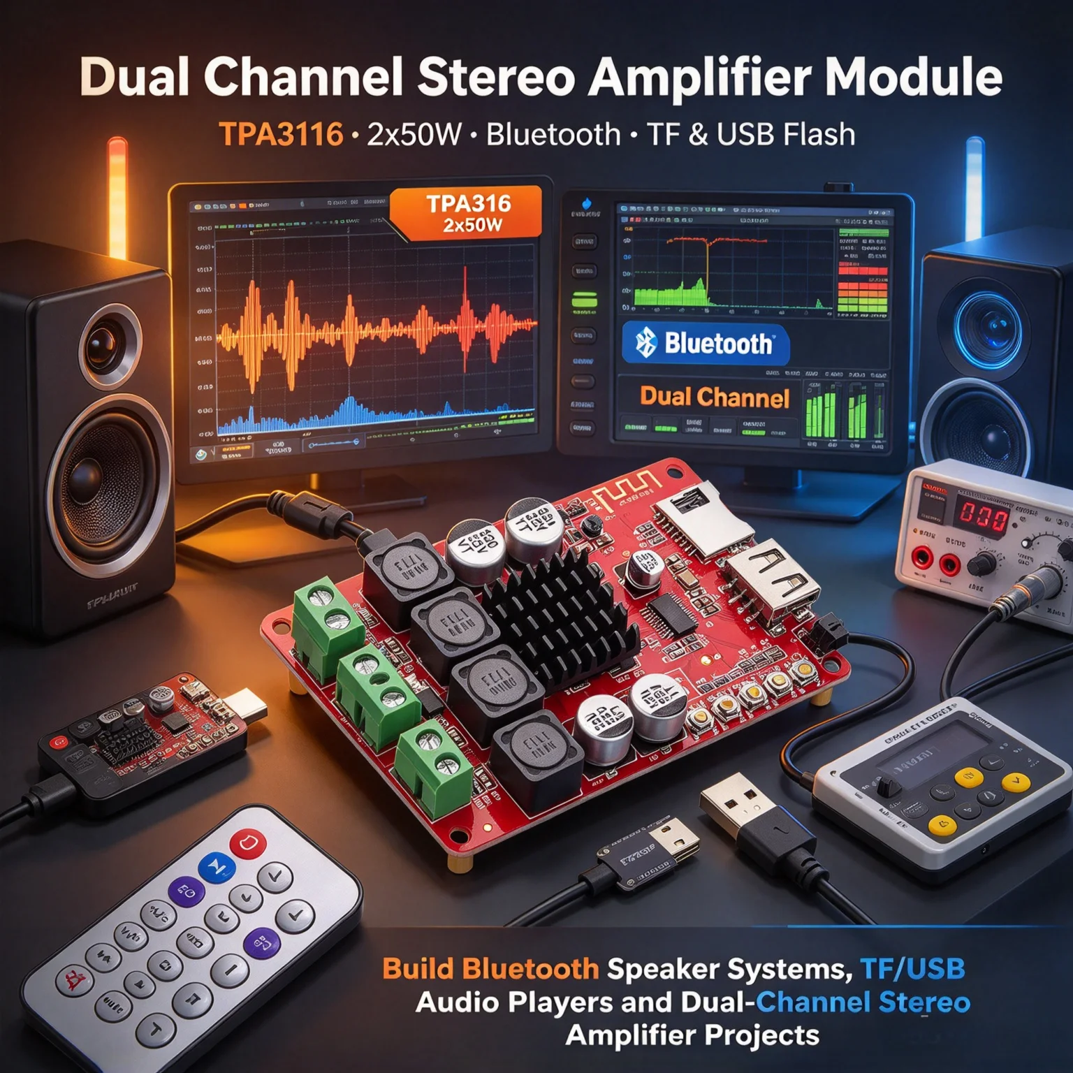 5Pcs TPA3116 2x50W Stereo Bluetooth Power Amplifier Board, TF & USB Flash, Dual Channel