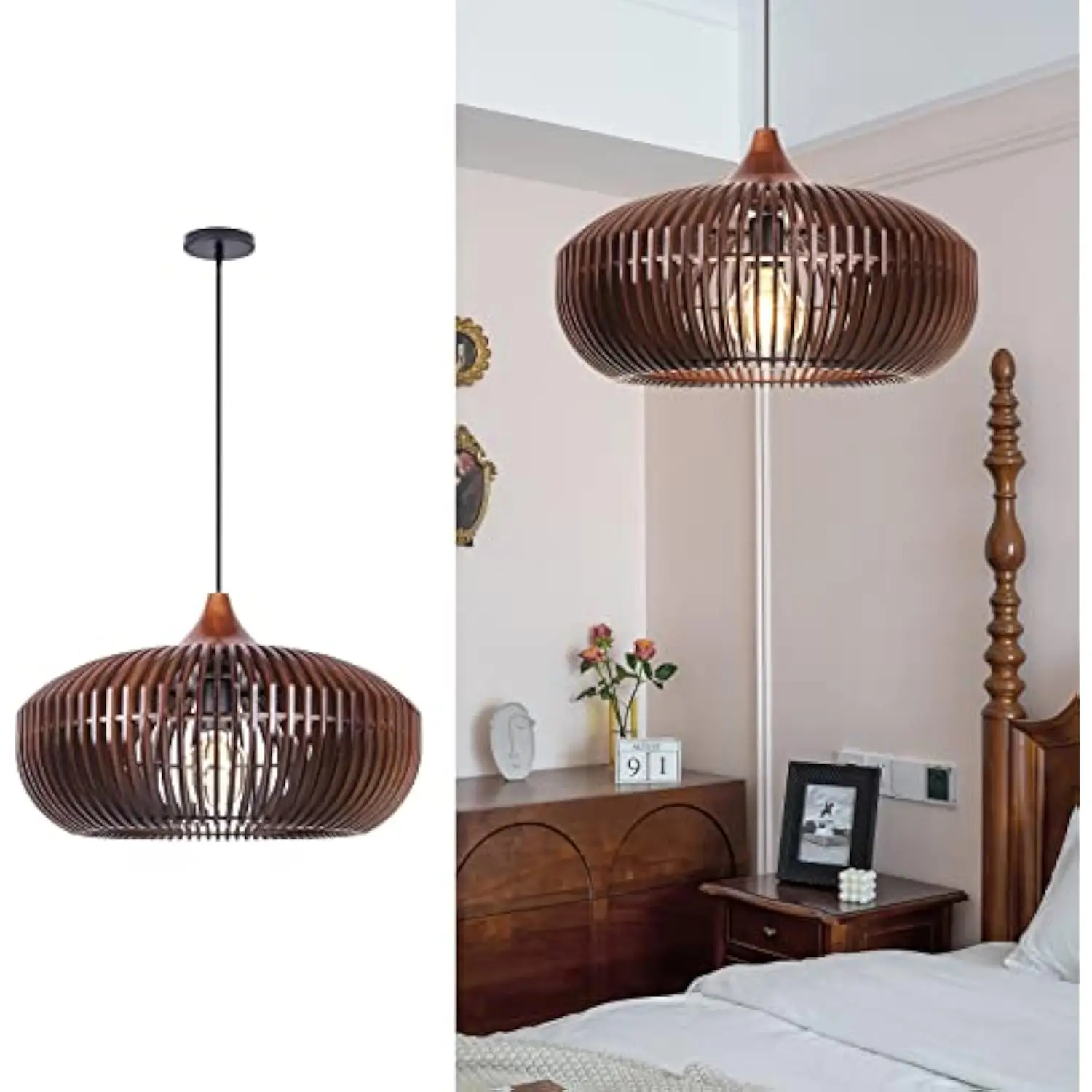 

Farmhouse round wood pendant light, rustic wooden hanging ceiling light fixture for kitchen island cafe basement hallway, coffe