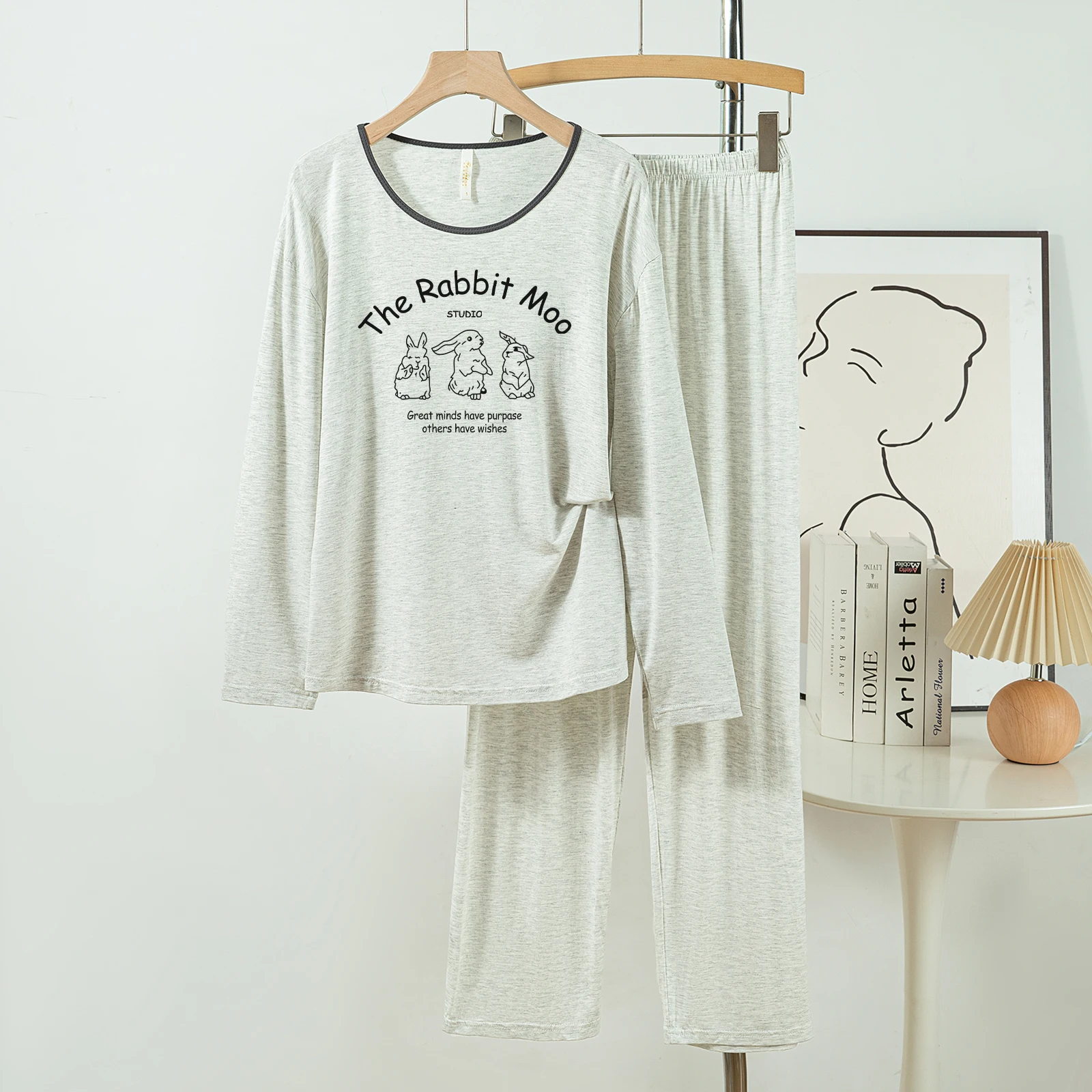 

5181-04 Casual and Comfortable Modal Cotton Pajamas for Women, New Spring and Autumn Long-Sleeved Long Pants Solid Color Casual Loungewear Set