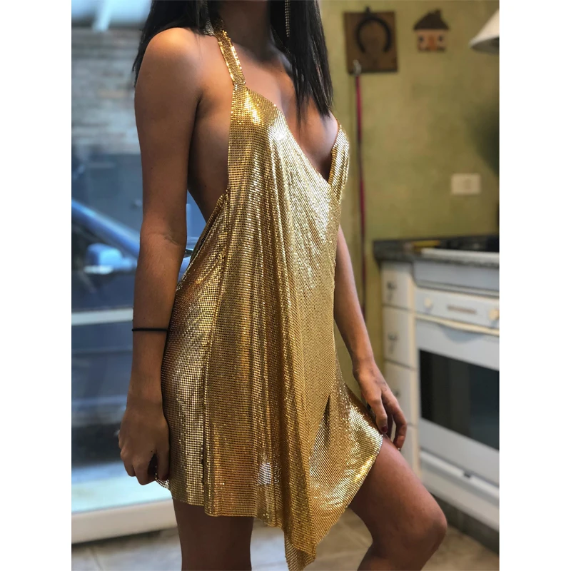 Gold Metal Aluminum Sequin Mesh Fabric, Garments Dress, 2 Pcs