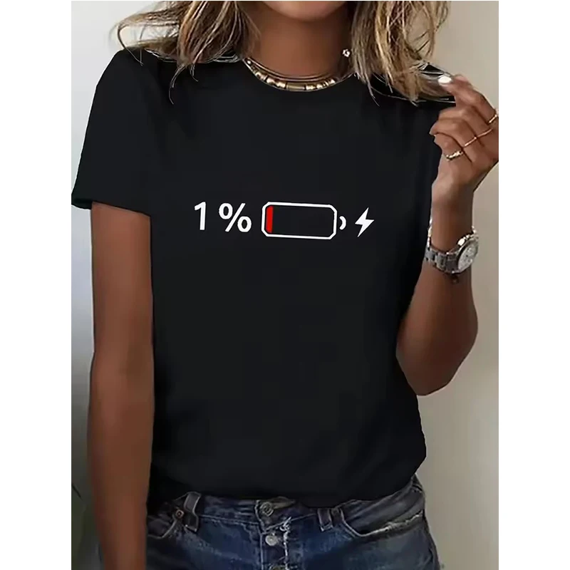 Graphic Casual 1% Battery Print T-Shirt Women Spring Summer Short Sleeve T Shirt Women's Korean Style Tshirt Tops Tees Clothes
