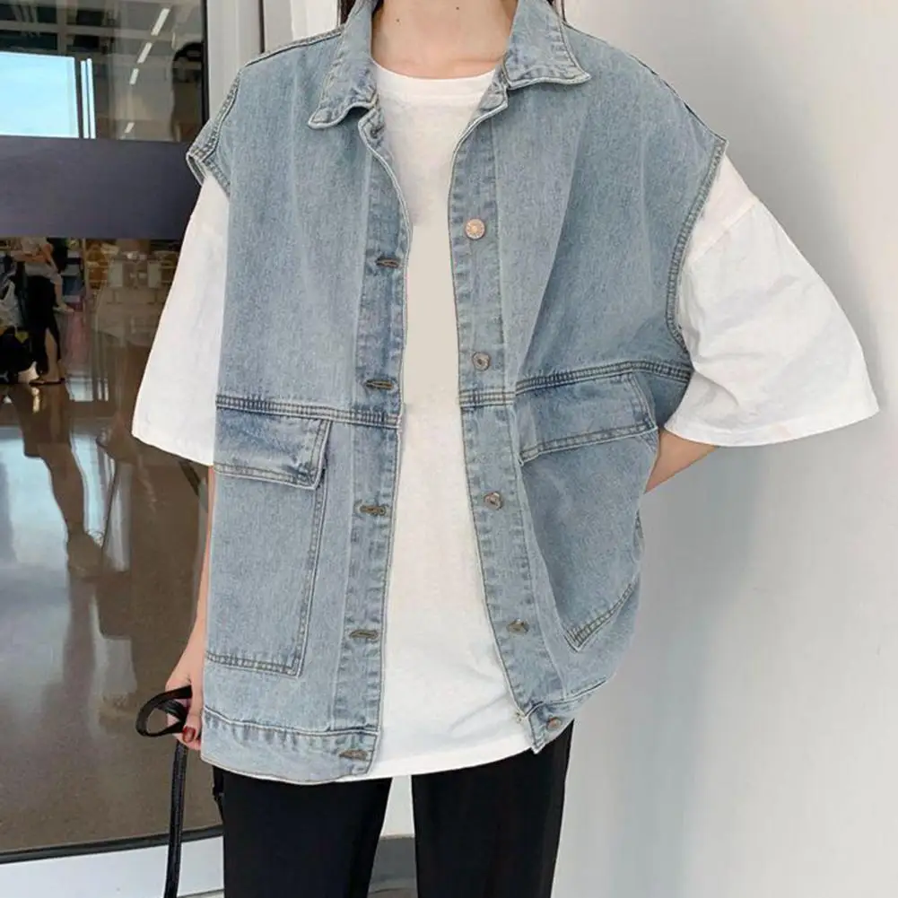 Lapel Sleeveless Women Denim Vest Coat Broad Shoulder Women Waistcoat Spring Single Breasted Flap Pockets Cardigan Vest Tops