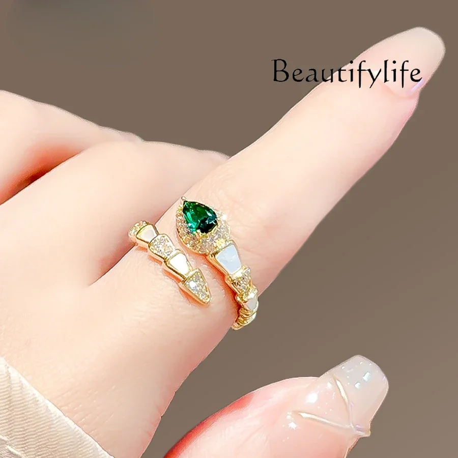 New green crystal serpentine open ring women's niche design high-end light luxury temperament ring