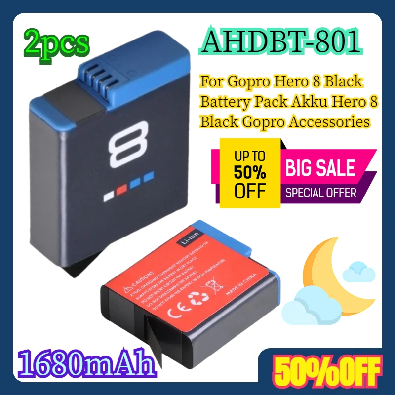 

2Pcs For Gopro Hero 8 Black Battery Pack Akku AHDBT-801 Hero 8 Black Gopro Accessories 1680mAh