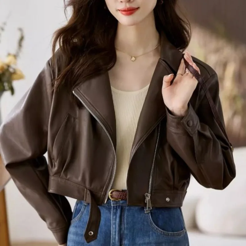 2023 Women Vintage Loose Pu Faux Leather Short Jacket with Belt Streetwear Female Zipper Retro Moto Biker Coat Outwear Tops