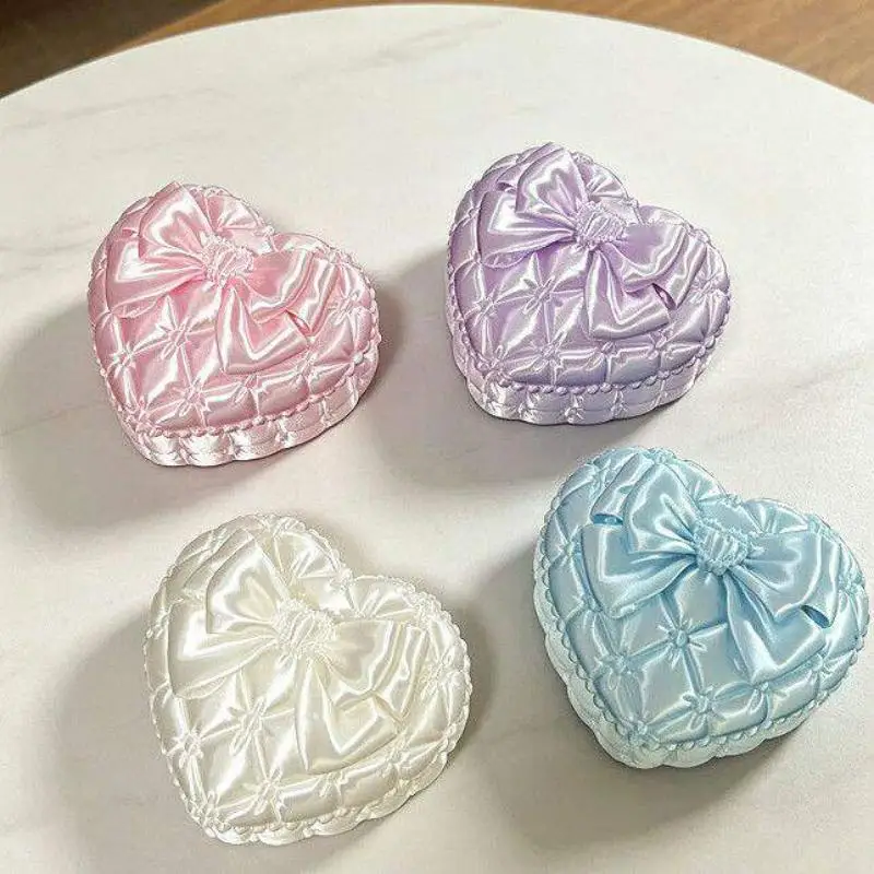 Silk Bowknot Decor Heart Shaped Jewelry Box Multi Use Trinket Storage Organizer for Rings Pins Earrings Small Accessories
