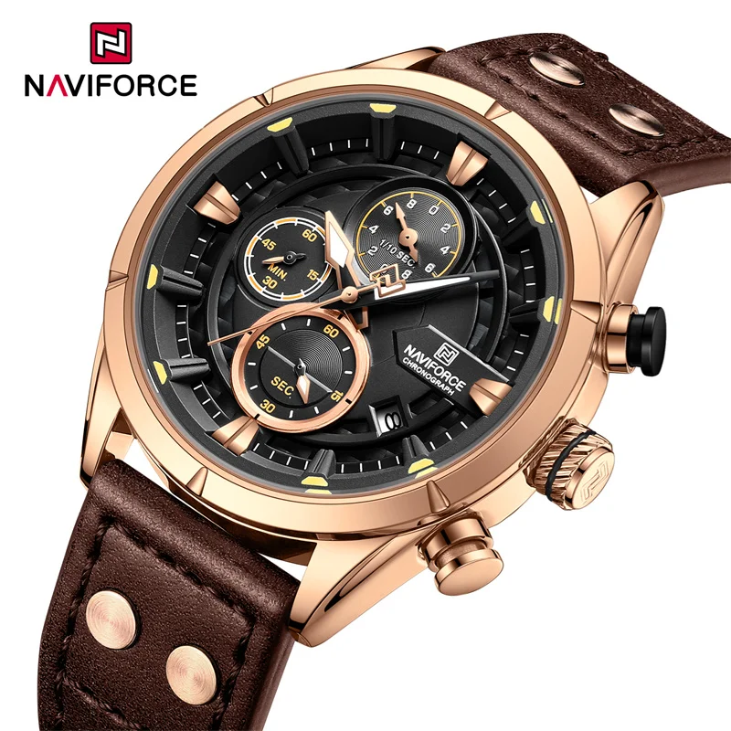 

NAVIFORCE Fashion Quartz Wristwatch For Men Casual Watches Waterproof Leather Strap Male Watch Chronograph Calendar Clock 2024