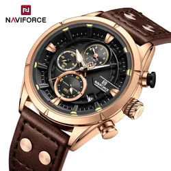 NAVIFORCE Fashion Quartz Wristwatch For Men Casual Watches Waterproof Leather Strap Male Watch Chronograph Calendar Clock 2024