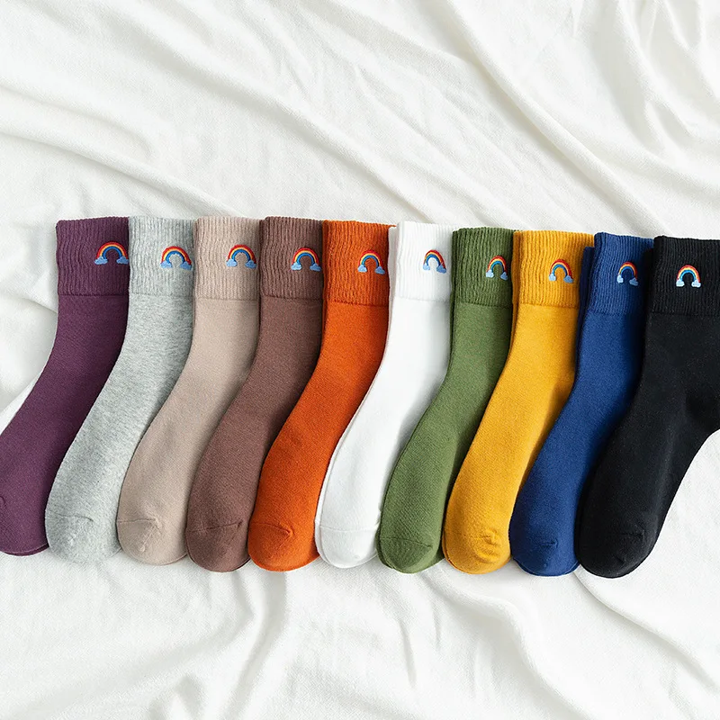 5 pairs lot pack Women socks Japanese korean style rainbow embroidery colorful cute happy pure warmful comfortable cotton socks