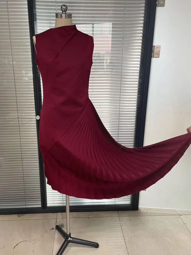 VKBN-Evening Dresses for Women, Casual Off the Shoulder, Sleeveless O-Neck, Red Banquet Folds, Wedding Dresses for Female, New