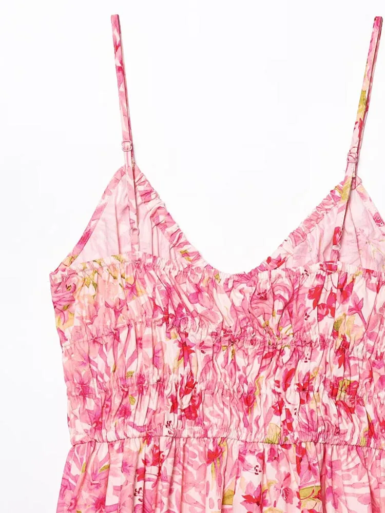 2025 المرأة طباعة فستان بحزام الصيف موضة خمر الرباط القوس حمالة أنثى أنيقة فساتين الشارع الملابس