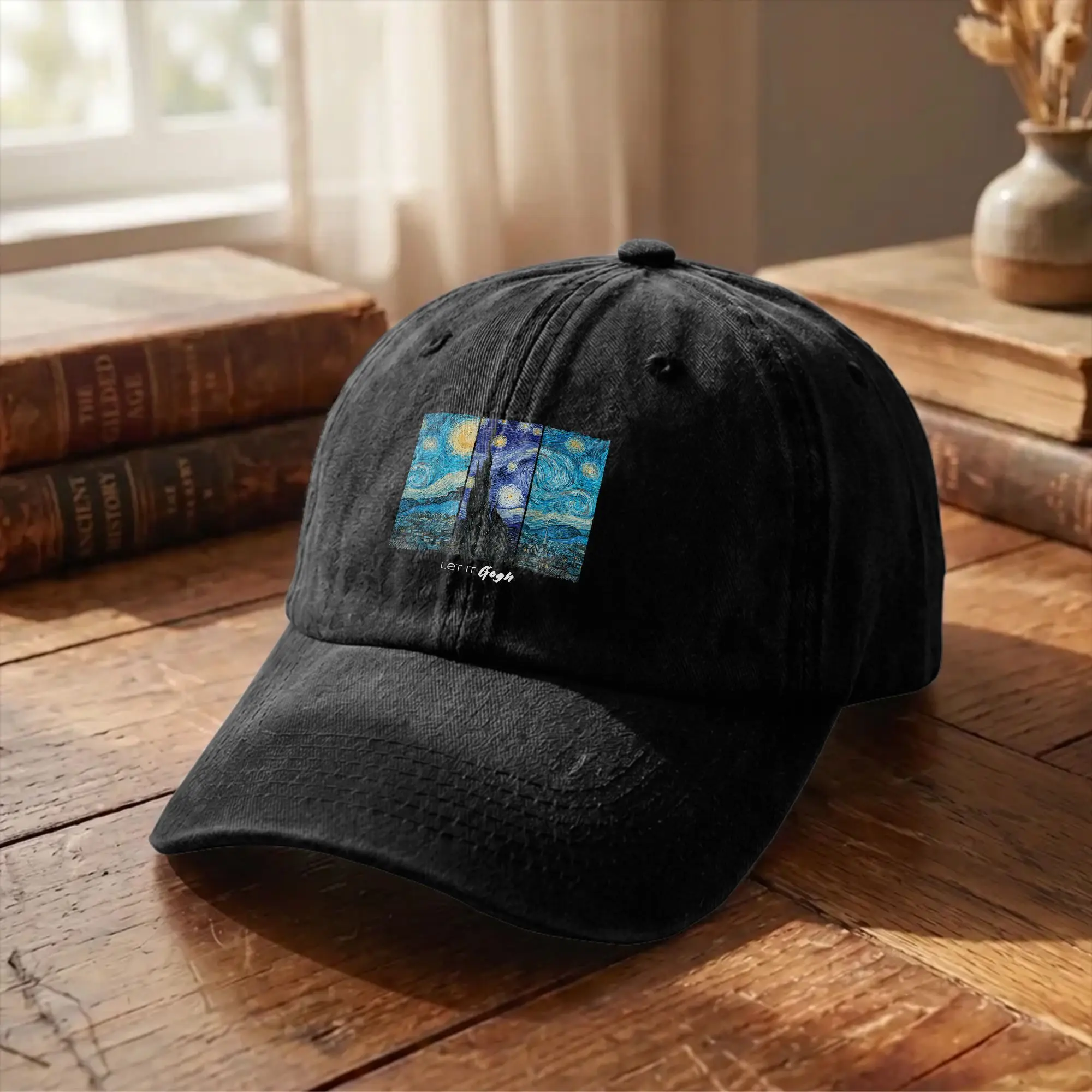 Let it Gogh Funny Vincent Van Gogh Starry Night Unstructured Baseball Cap Painting Distressed Denim Hats Adjustable Snapback