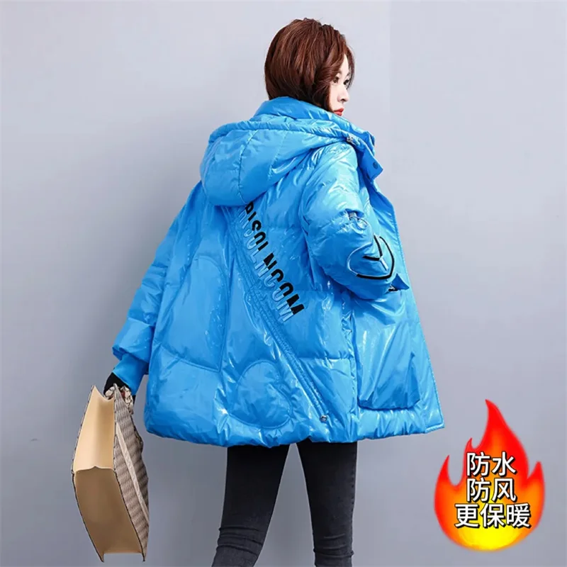 Winter Windproof Glossy Fashion Letter Embroidered Down cotton Jacket Women\'s Hooded Thick Warm Loose Coat Short cotton Parka