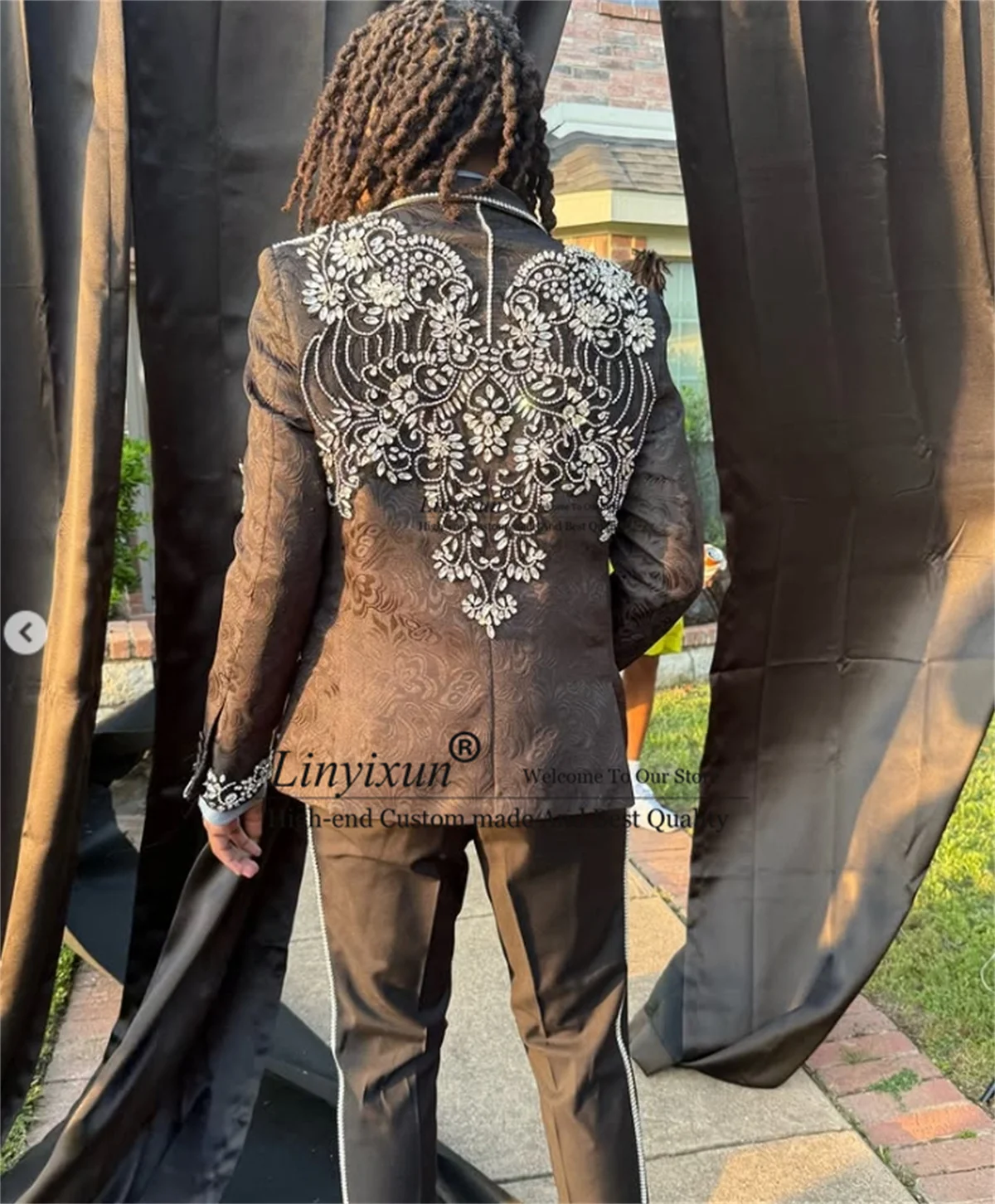 

Glitter Beaded Crystal Tuxedo Men Suits Fashion Jacquard Costume Homme 3 Pieces Sets Wedding Groom Slim Customized Prom Blazers