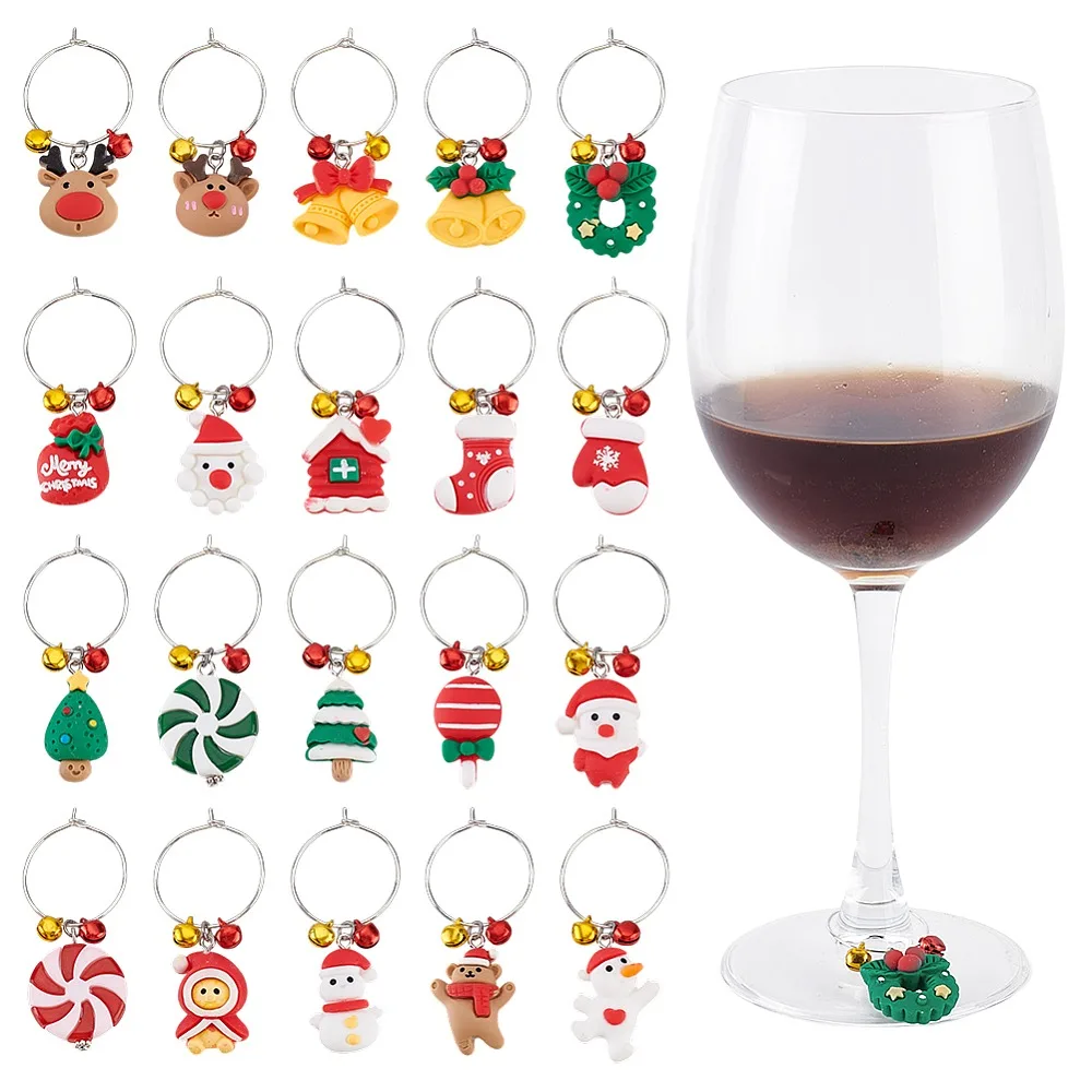 20Pcs 20 Styles Christmas Theme Opaque Resin with Aluminum Bell Charm Glass Wine Glass Charms with Brass Wine Glass Charms Ring