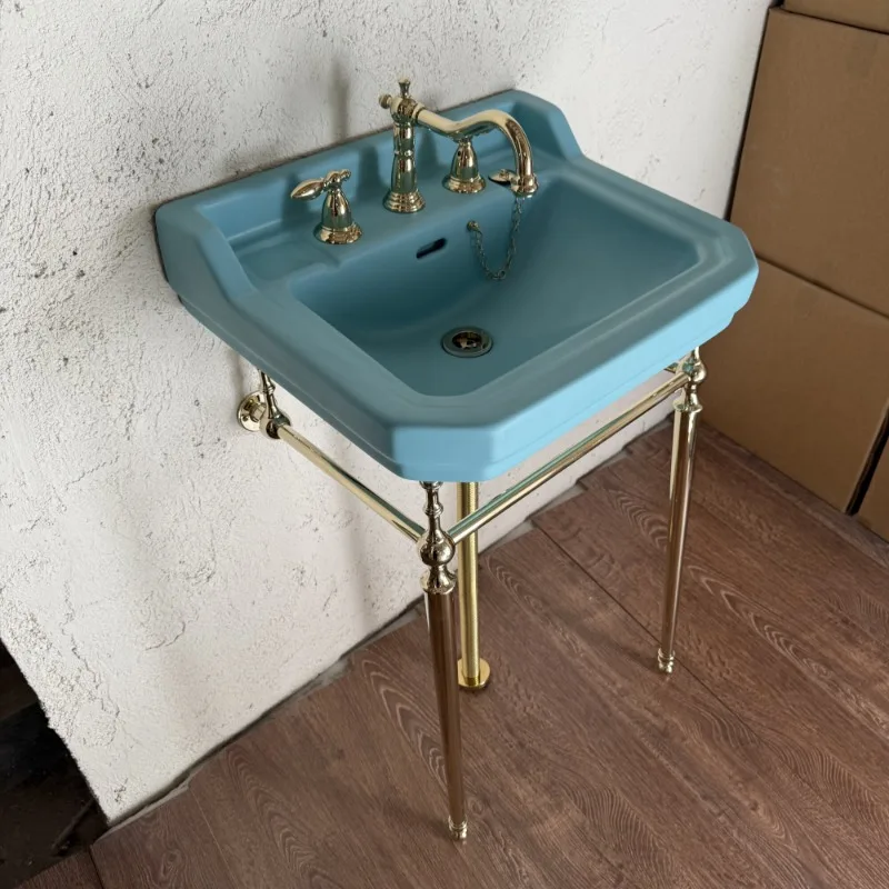 Light blue wall-mounted retro wash basin floor-standing all-copper bracket wash basin