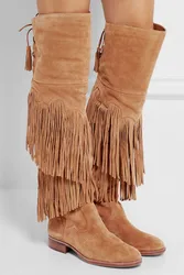 Winter Brown Fringed Over the Knee Boots Fashion Back Lace-up Flat Tassel Boots Woman Riding Boots High Quality Boots