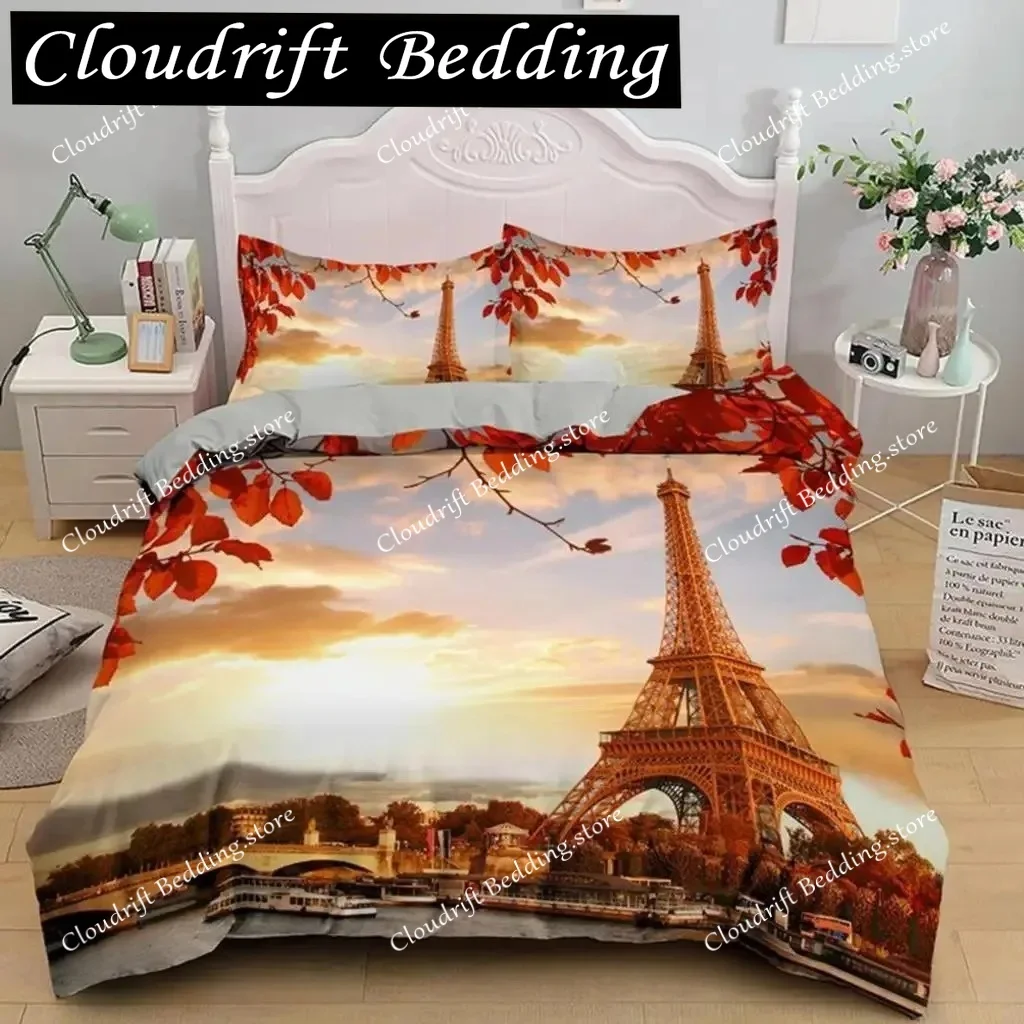

Eiffel Tower Duvet Cover Set King Polyester Eiffel Tower At Sunset Paris Theme Bedding Set Romantic France Quilt Cover for Adult