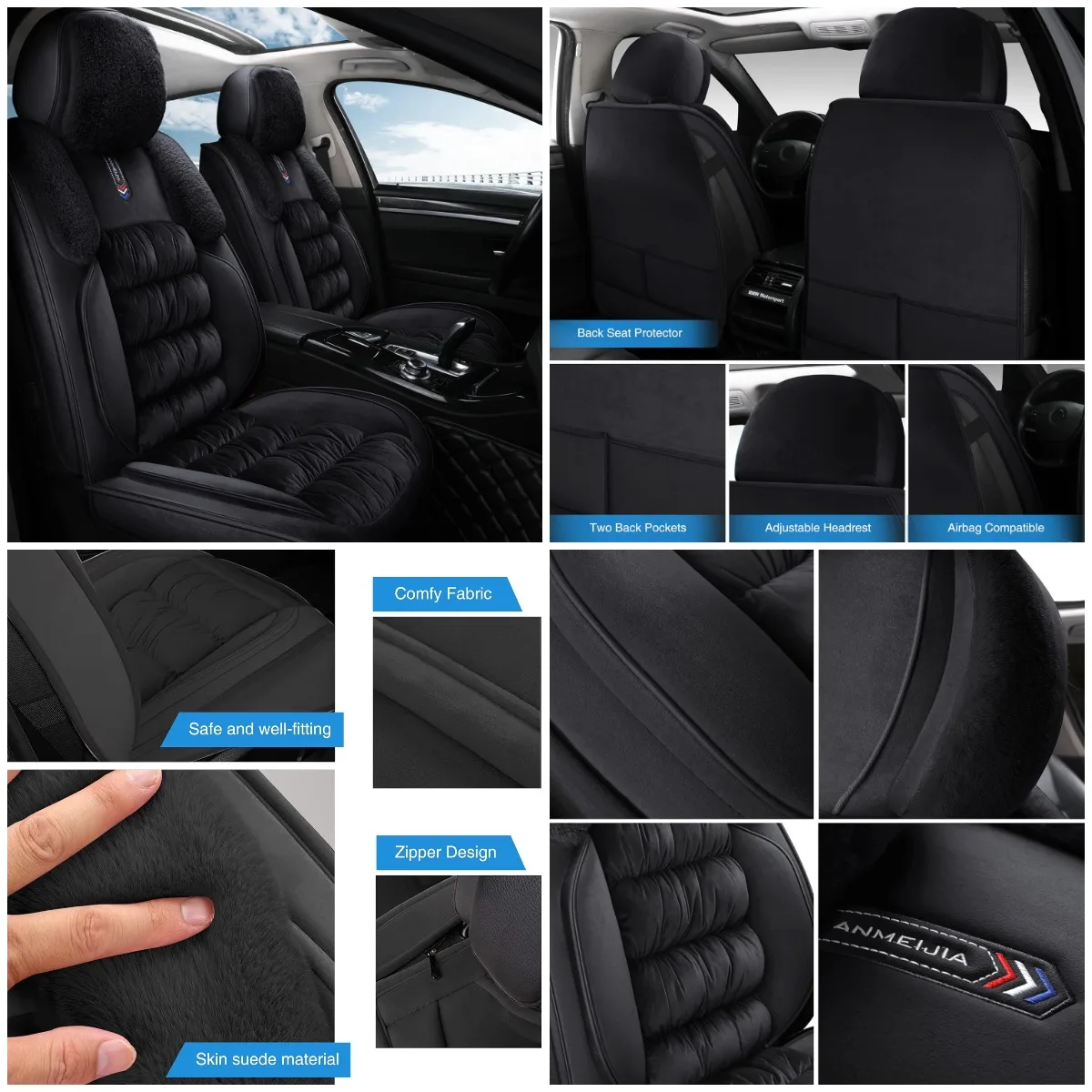 

Fuzzy Leather Car Seat Covers, Heated Front Bench Back Cushion Protector for Cars SUV Trucks (Front Seat, Black)