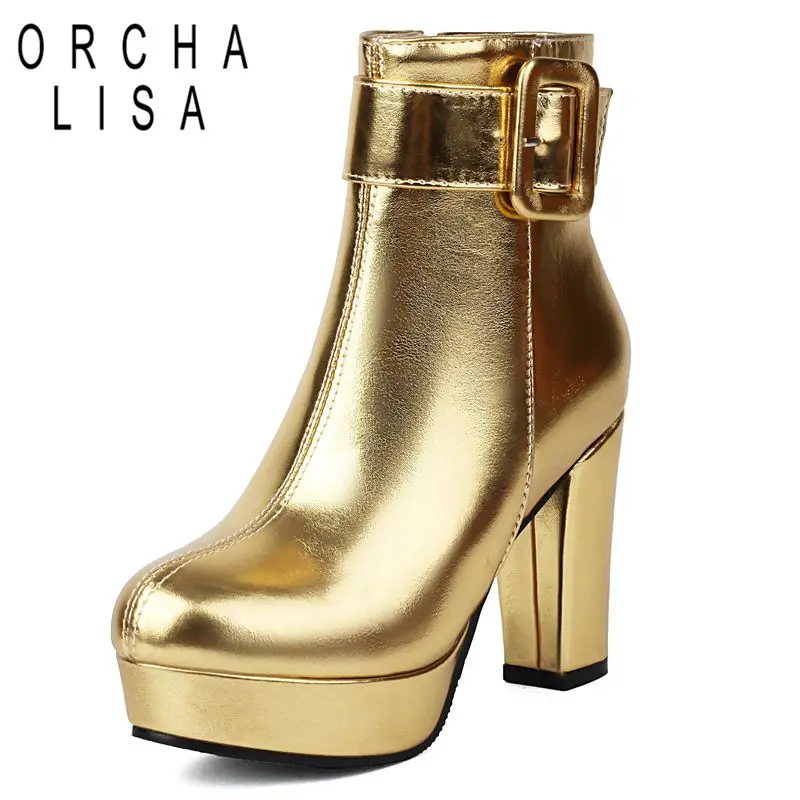 ORCHALISA-Botines de punta redonda para mujer, botas de tacón grueso, plataforma de 9,5 cm, cremallera de 2,5 cm, talla grande 48 49, para fiesta de Citas