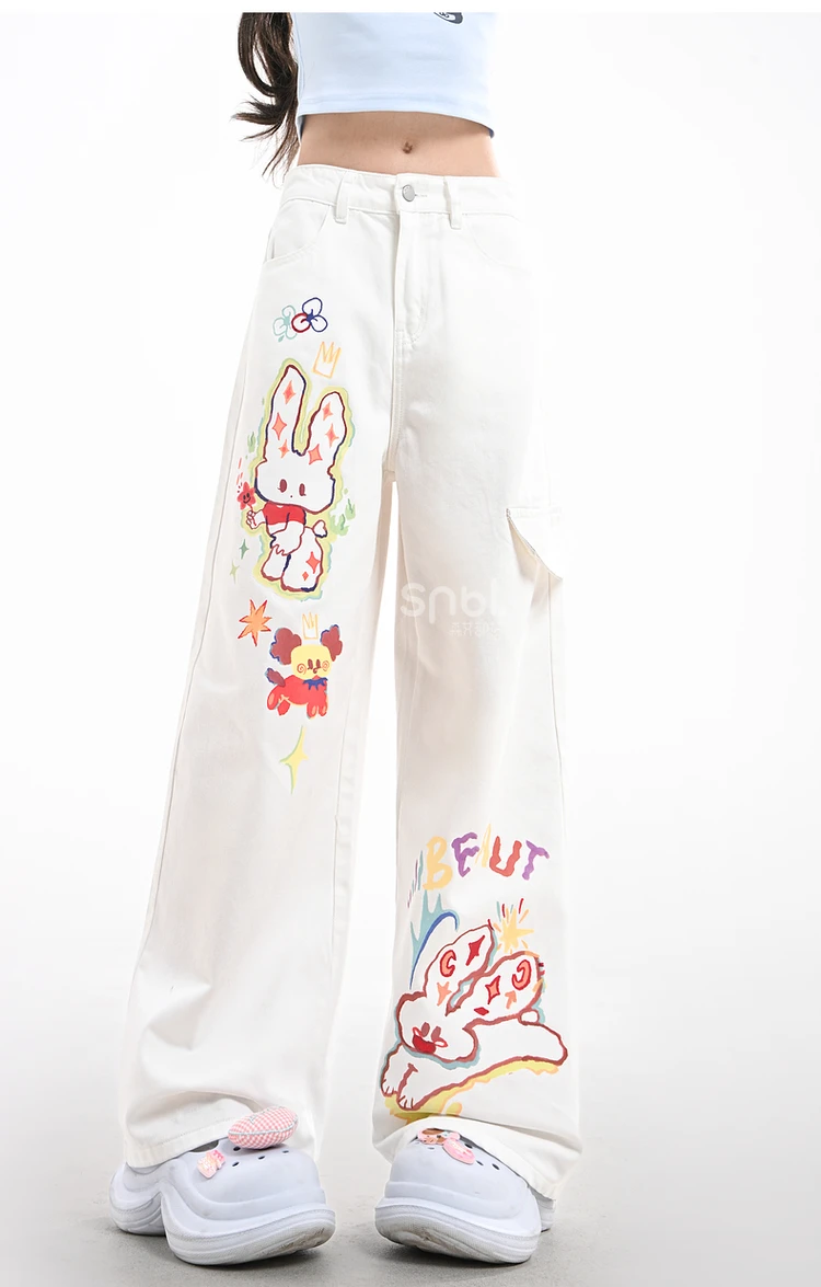 2025 Summer and Autumn New Women's Cartoon Print High Waist Straight Leg Jeans Loose Versatile Casual Wide Leg Pants