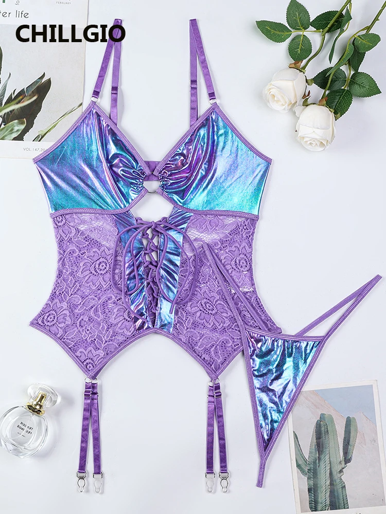 

CHILLGIO Women Sexy Bodycon Bra Brief Suits Fasion Flash Patent Leather Push Up Lingerie SweetCute 2 Pieces Erotic Underwear Set