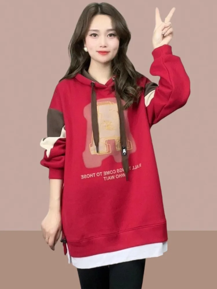 Women's Long Sleeve Hoodie Thin Spring Autumn Fake Two-Piece Long Shirt Korean Style Commute Wind Loose Fit Brand Xiangduor