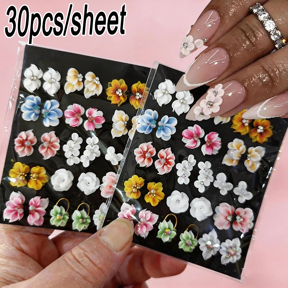 

1/12/30 шт. 3D-цветы ручной работы из акрила для дизайна ногтей, весенние, разноцветные, с жемчугом и стразами, резные цветочные украшения для ногтей, детали для маникюра