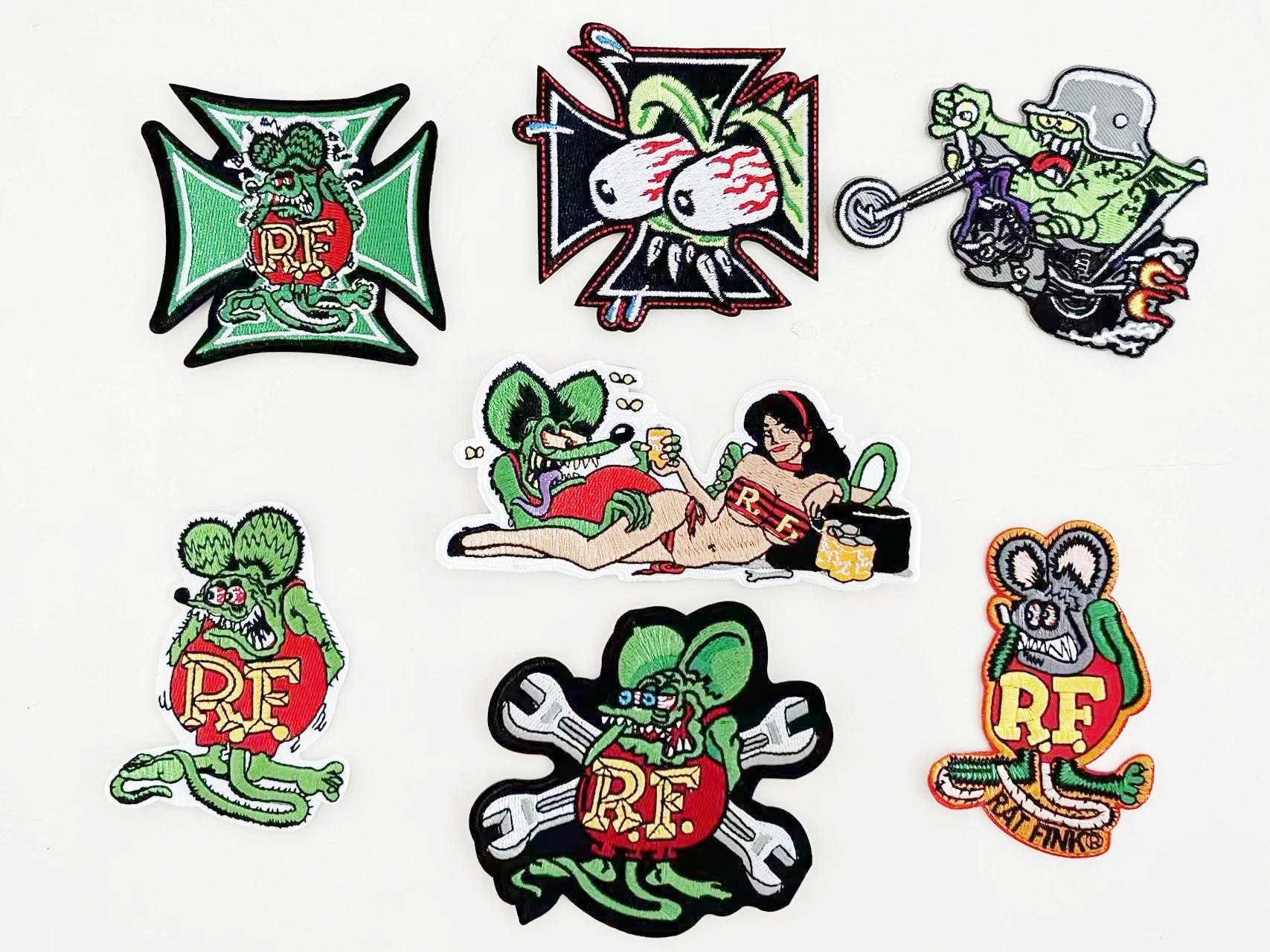 7PCS Patches Bikers iron sew on Rat fink Ratfink Japanese Repari Patches for clothing backpack Embroidered Motorcycle club Bulk