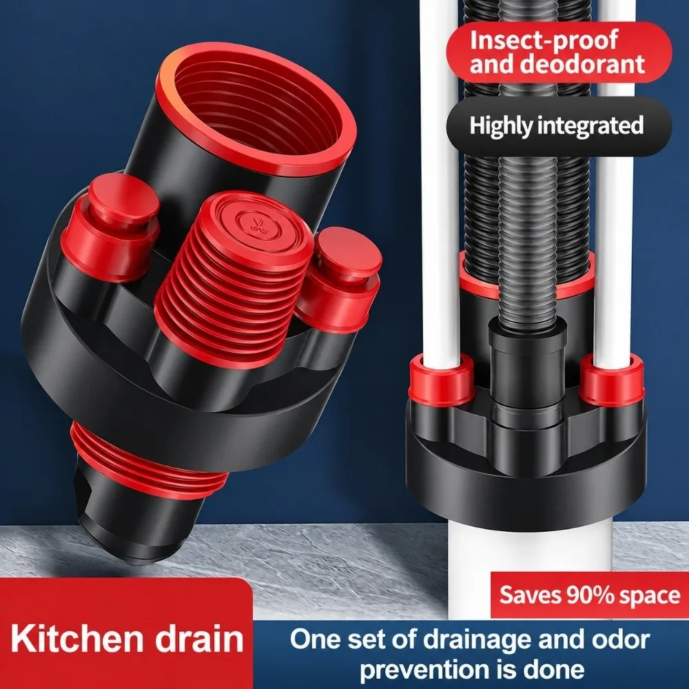 Anti Odor Sink Drain Pipe Adapter 4 in 1 Sealing Ring Dishwasher Water Pipe Connector Multifunctional Drainage Water Pipe Joint